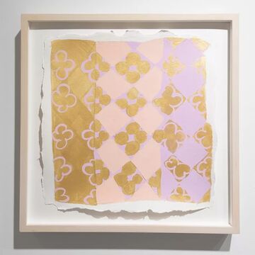 An acrylic gouache on paper depicting gold, pink and purple flowers. 