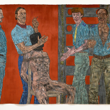 An acrylic on canvas interrogation scene with several human figures.