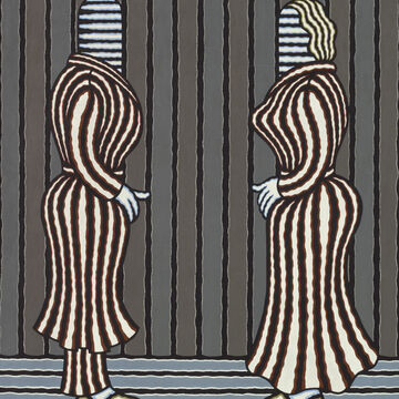 An acrylic on canvas painting of two figures that are facing each other. 