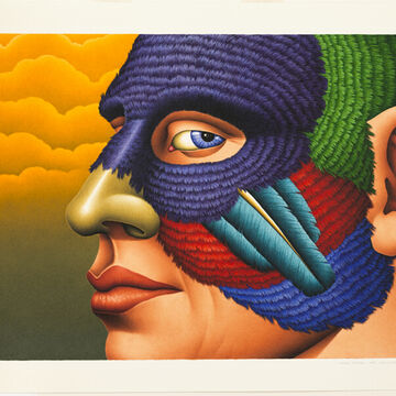 A watercolor of a mysterious feather-masked person using bright colors and textures. 