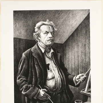A lithograph self-portrait of Thomas Hart Benton on white woven paper. 