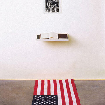 This installation was comprised of an American flag displayed on the ground beneath a photomontage and a comment book.