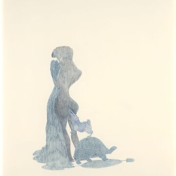 Soft pencil drawing of an unclothed figure with a tortoise and hare next to them