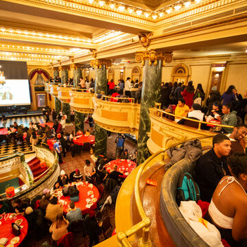 Wide shot of an event in the SAIC ballroom