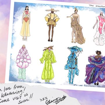 An image from Eliana Batsakis's portfolio featuring various sketches of models wearing colorful outfits. 