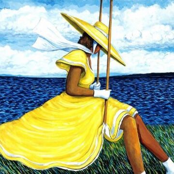 A person in a yellow dress and hat sitting on a swing over some grass by the water.