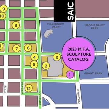Image of drawn map of Chicago's Loop with circles indicating important points downtown.