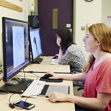 Two people working at desktop computers. 