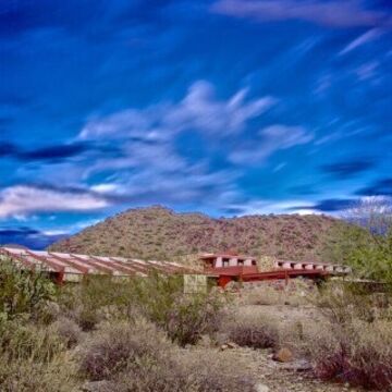 Arizona Landscape, dramatic blue sky over a futuristic building