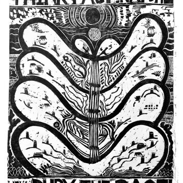 Black and white abstract image by Corey Hagelberg reading "THINK FAST! NATURE WILL BURY THE PAST!"