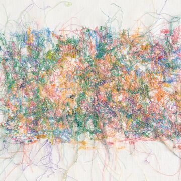 A multi-colored neon thread embroidery with many layers and threads coming out on the edges creating a framed composition.