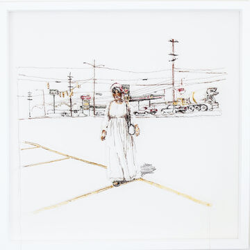 Embroidery of a photograph showing a woman standing in front of an intersection.