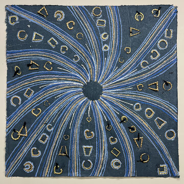 Image of a handmade paper artwork with blue spirals and gold shapes