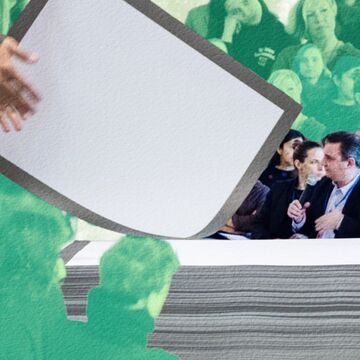 collage-style graphic blending a photograph of a group discussion with layered cut-out imagery. In the photo, participants sit in a circle, with one person speaking into a microphone. Overlaid are large illustrated sheets of paper and tinted green silhouettes of the audience, referencing MCA Chicago visitors interacting with Felix Gonzalez-Torres’s work “Untitled” (The End), 1990.