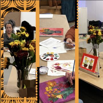 Three side-by-side images of artwork being made at a table.