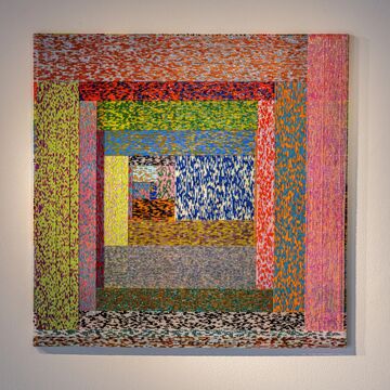 image of beaded art work with columns and perspective creating depth