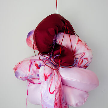 image of a red and pink soft sculpture hanging from the wall