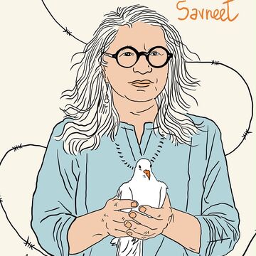 Digital illustration of Savneet Talwar, an adult person with a medium-fair skintone, glasses, and gray hair holding a dove. 