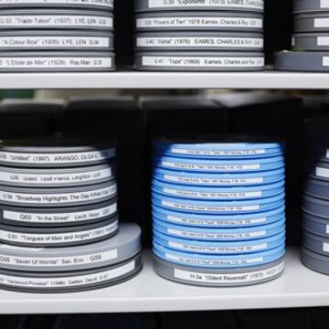 Shelves with archived reels of film