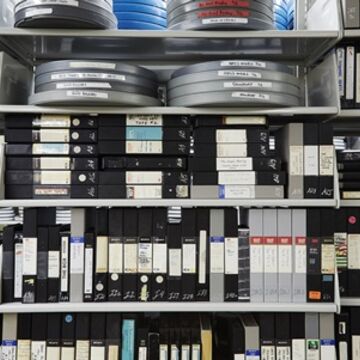 Shelves with archived reels of film