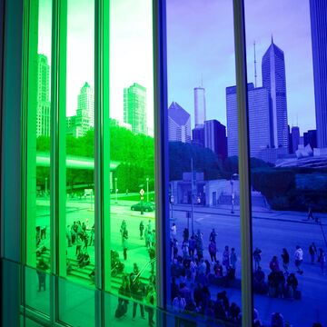 View of Chicago from the Modern Wing through rainbow color glass
