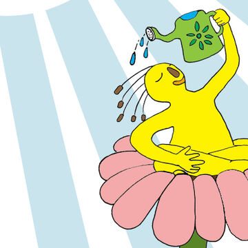 Cartoon illustration of a human-like figure seated in the center of a daisy, watering itself with a watering can.