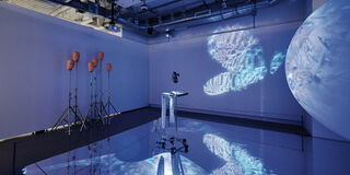 A mirror on the floor with a metal object in the center with a set of mannequin heads on tripods placed along the wall.
