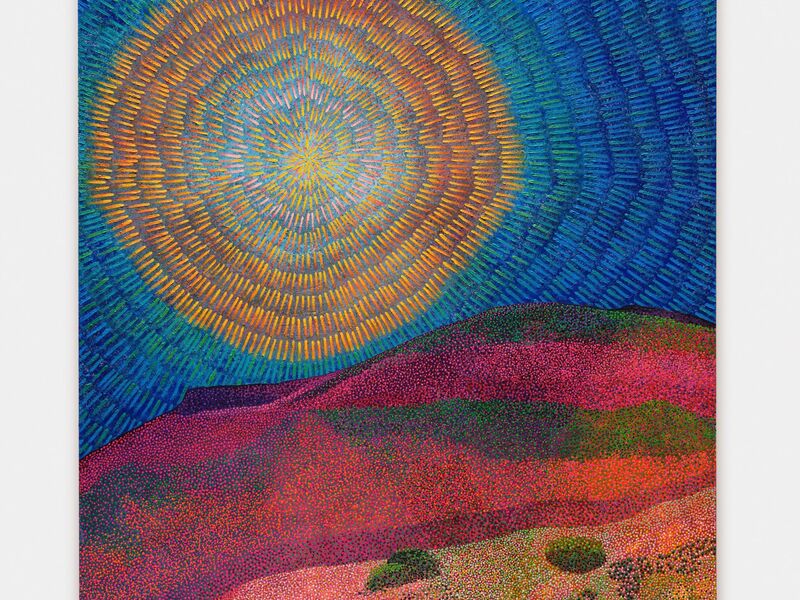 Vibrant painting of dots and lines depicting a sunset and landscape by Jennifer Guidi. 
