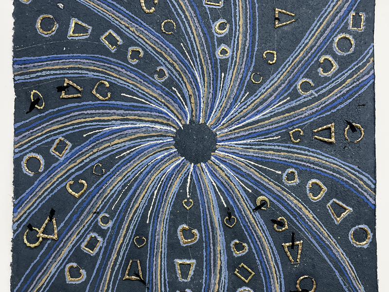 A blue, gold and white artwork by Aidan Anne Frierson of a bloom of bamboo earrings from the center. 