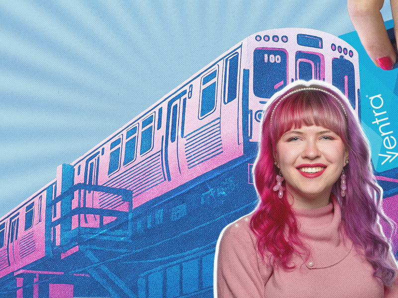 Blue and white background with pink and blue train