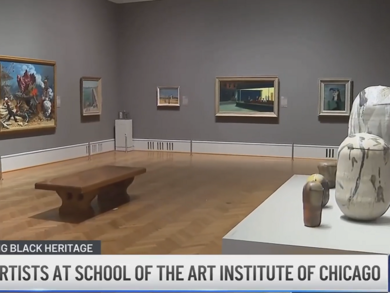 A screenshot of a news segment showing a gallery with paintings in the Art Institute of Chicago.