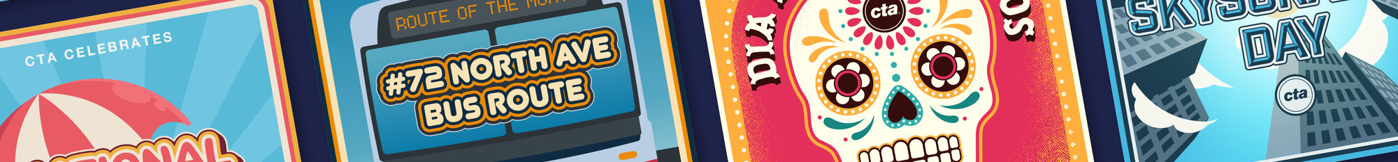 A grid of CTA internal graphics celebrating holidays, observances, and route highlights, designed in bright illustrated styles.