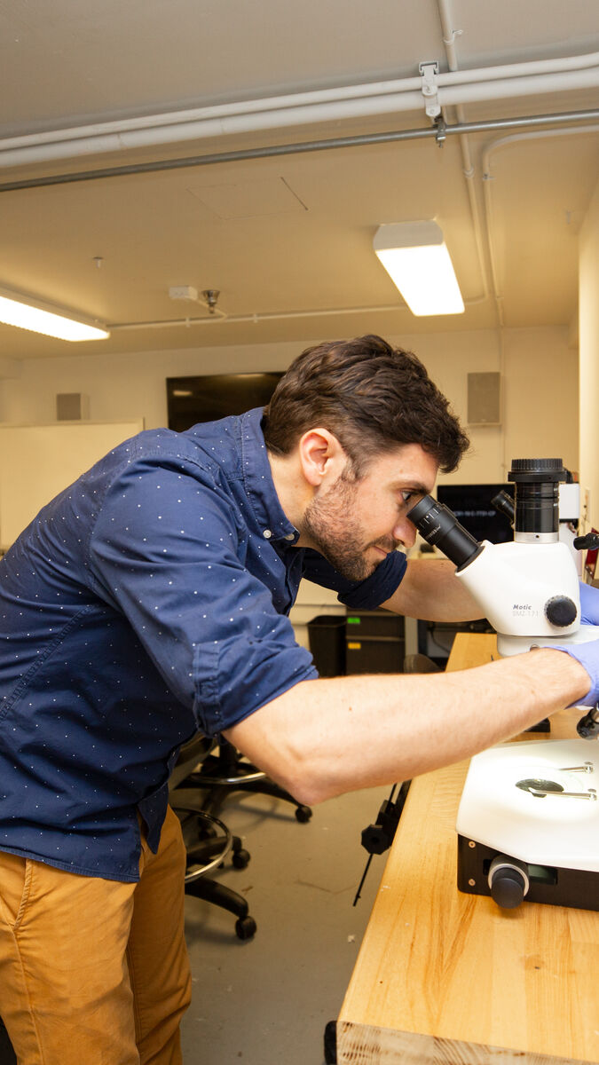 A student using a microscope in a lab. 