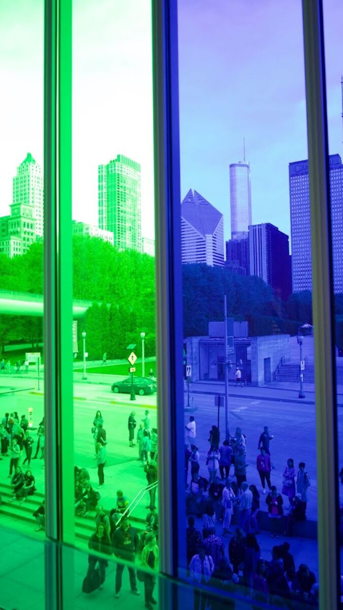 View of Chicago from the Modern Wing through rainbow color glass