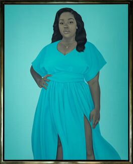 a portait painting of Breonna Taylor in a blue dress, against a blue background.