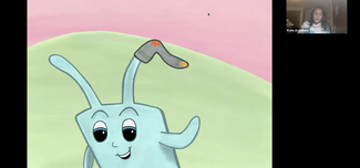  A still of animation of a blue bunny-like figure on a Zoom call
