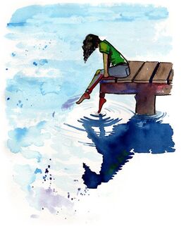 An illustration of a person on a dock looking into a body of water