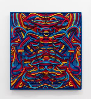 An intricately woven, square artwork made of brown, blue, red and yellow threads. 