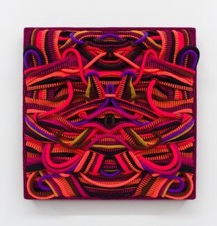 An intricately woven, square artwork made of black, brown, purple, pink and orange threads. 