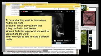 Screenshot of multiple windows open on a computer screen, displaying text, video and images