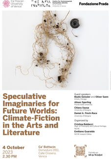 A cover of Fondazione Prada that says 'Speculative Imaginaries for Future Worlds: Climate Fiction in the Arts and Literature'