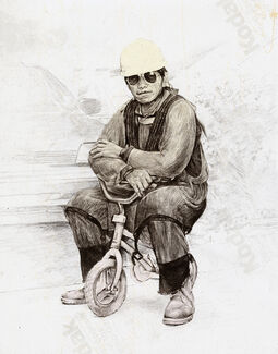 Lithograph of a portrait of an adult man sitting on a child's bicycle.