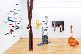 Multimedia fiber installations by Jade Yumang  in a gallery space. 