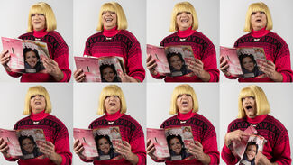 A strip of photos of a person in a blond wig reading People magazine