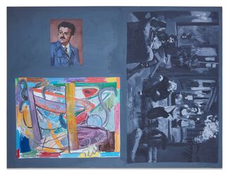 A blue painting featuring different scenes by Peter Fagundo.