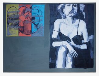 A blue painting with side by side scenes, one depicting abstract shapes and the other a woman sitting in a chair.