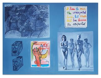 A blue painting featuring different scenes by Peter Fagundo.