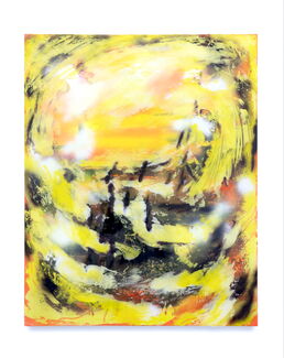 A yellow, black, and orange abstract painting by Rush Baker IV.