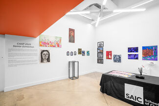 A wide shot of the 2025 CAAP Senior Exhibition, featuring multiple artworks hanging on a white wall and a table with an SAIC table cloth.