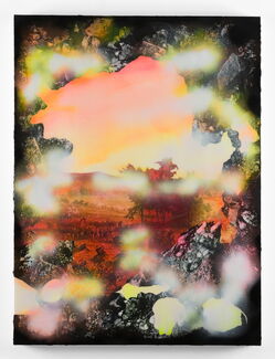 Abstract art by Rush Baker IV that's orange and red in the middle and black around the edges.